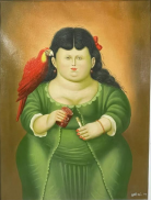 Authentication of a potential Botero painting of Woman in green dress with bird.
